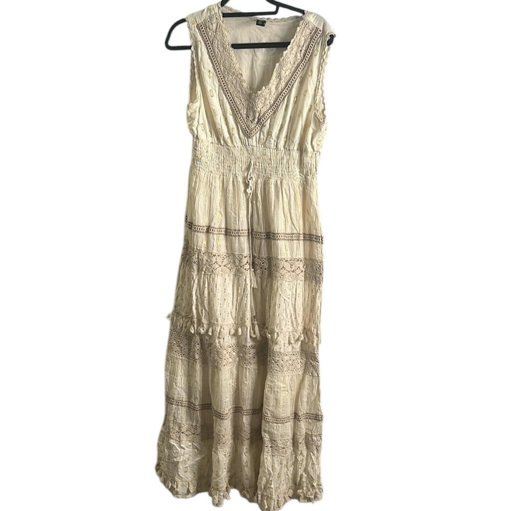 Me 2 magic Elegant ivory metallic tiered crochet Maxi Dress s xL boho vacation - Picture 4 of 16